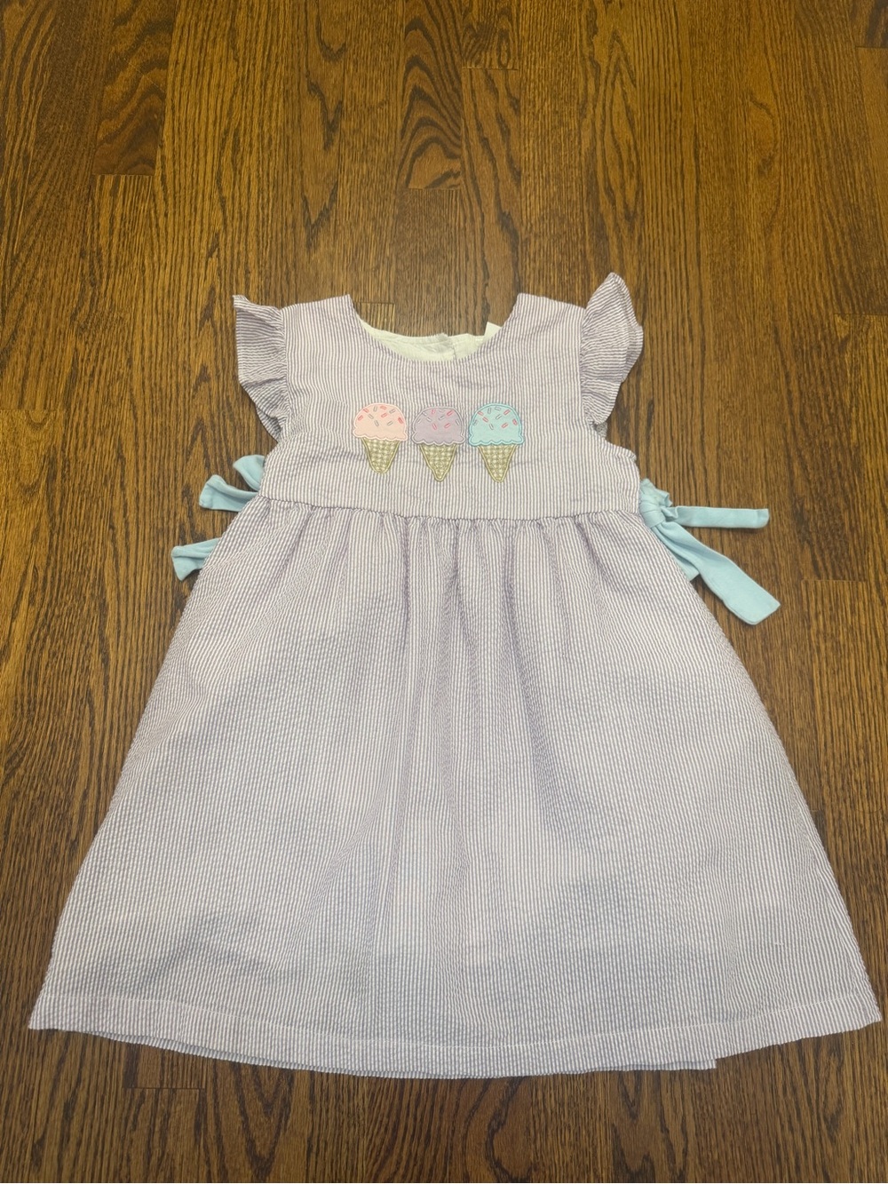 Girls Light Pink Seersucker Dress with Ice Cream Appliqué